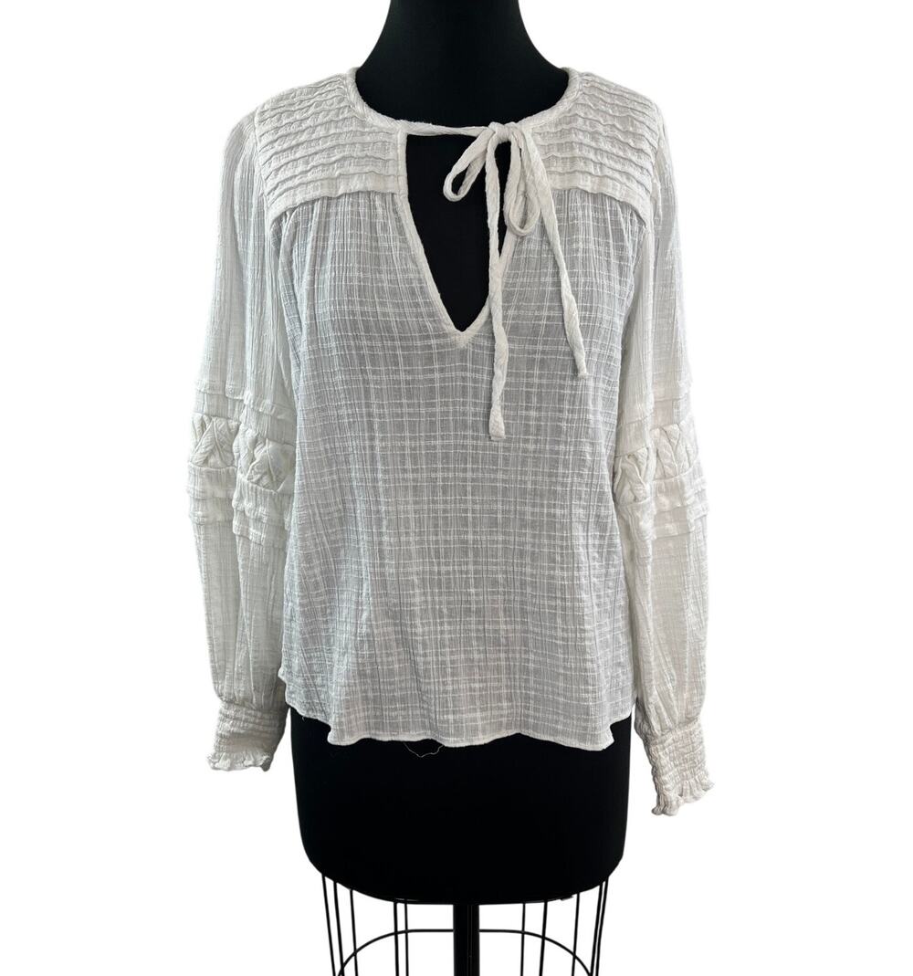 Ramy Brook White Peasant Top Cotton Crinkled Split Tie Neck Ruffle Cuff Pullover